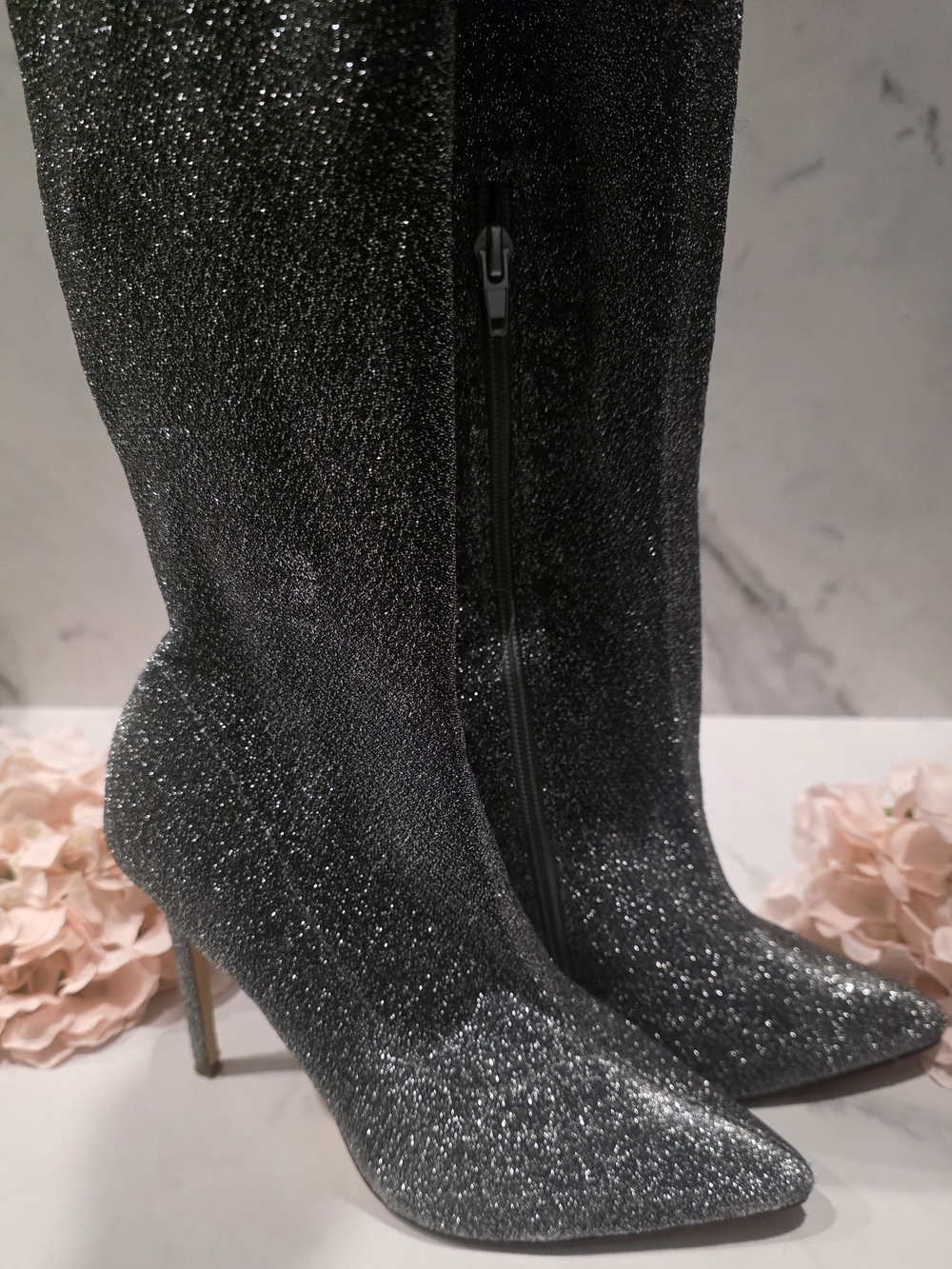 Women's Glitter Pointed-Toe Stiletto Boots - Silver Tone - Thigh High/ Over Knee